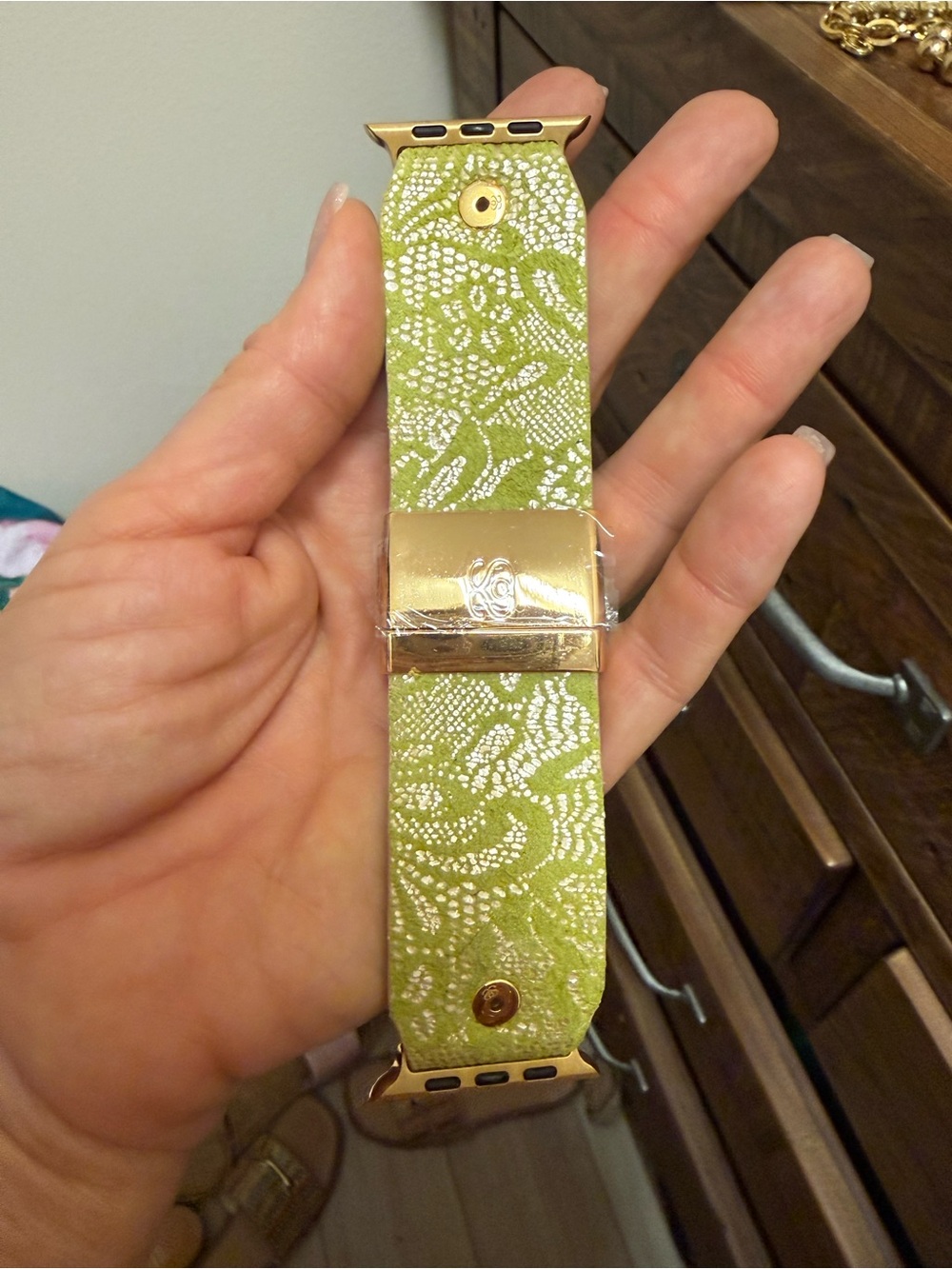 Spark’l Watchlet Gold-Tone Apple Watch Band with Lime Green Lace Pattern